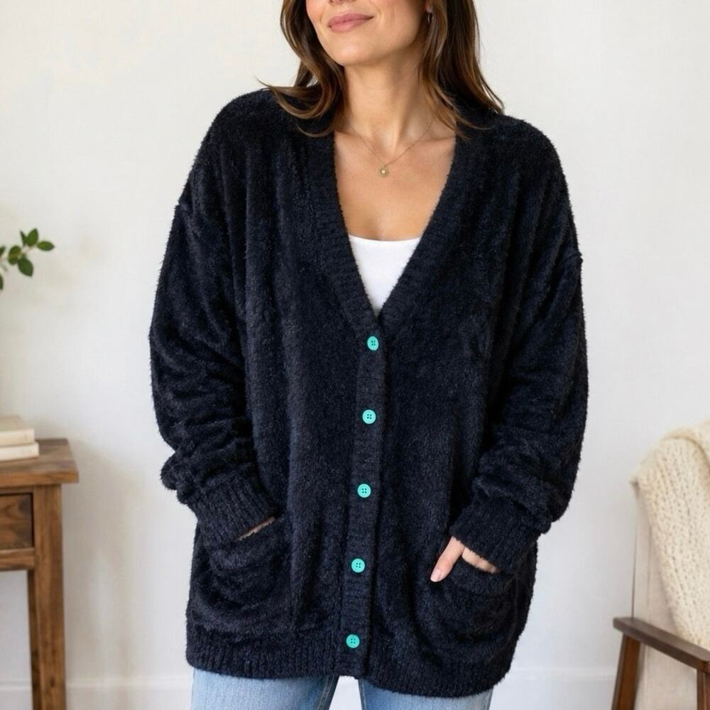 Teddy Fresh Fluffy Fuzzy Black Green Button Cardigan XL Missing Teddy Button!